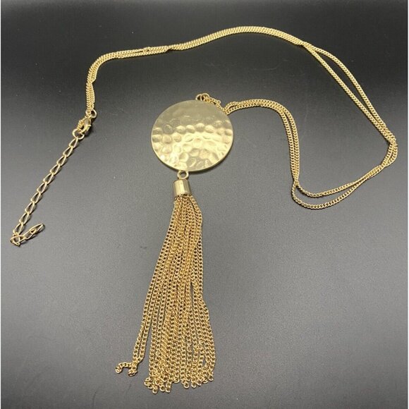 Unbranded Jewelry - Necklace W/Tassel Long Hammered Metal Medallion Yellow Gold Tone Pendant 32"